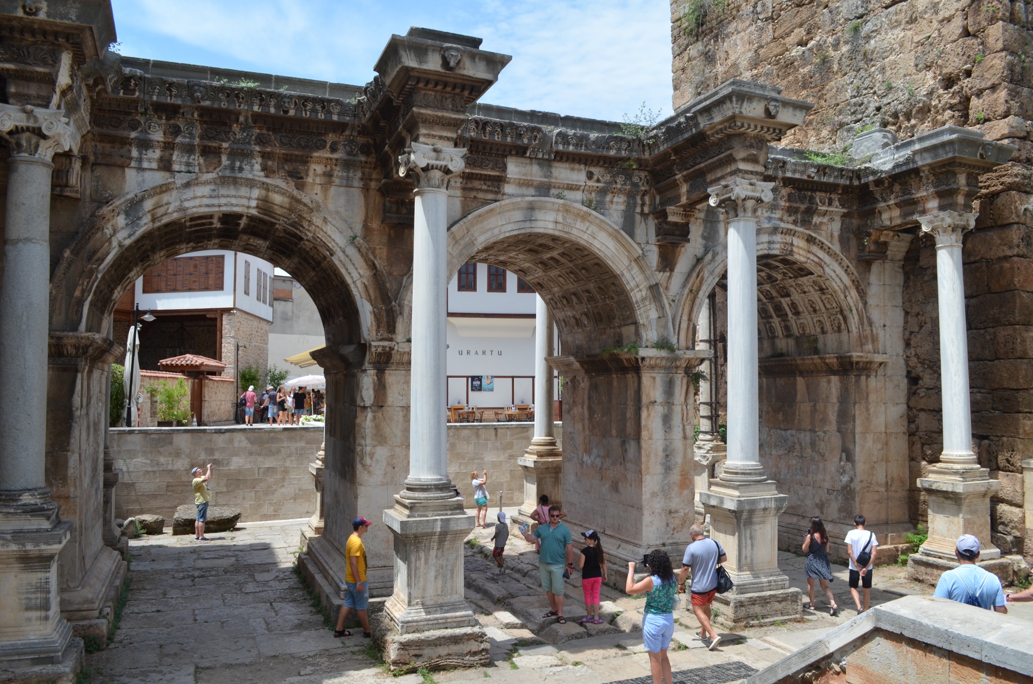 Ancient Roman arches and columns of Hadrian's Gate in Antalya