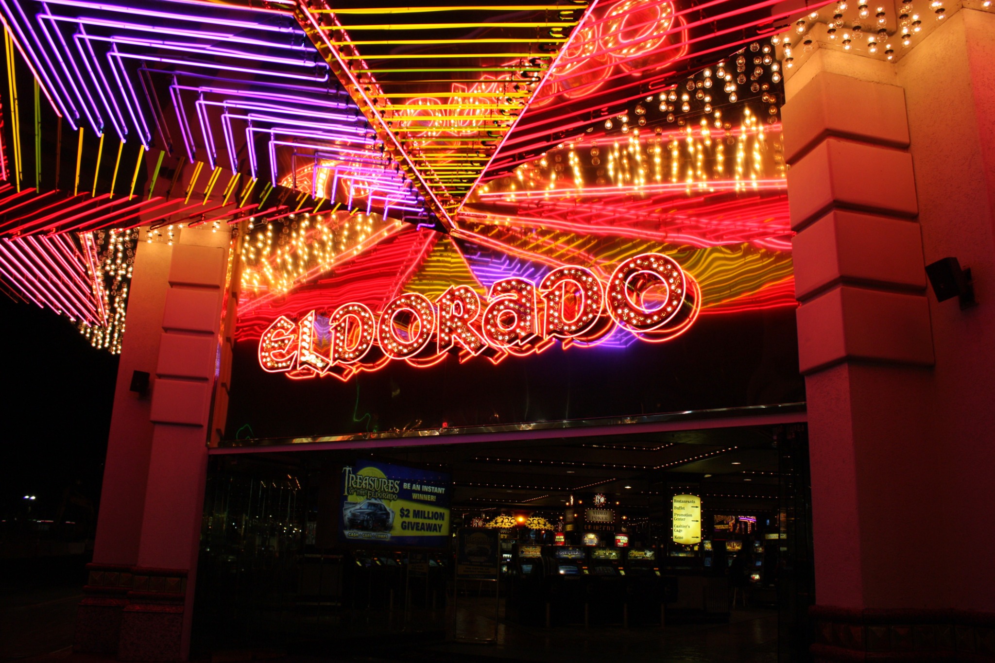 Colorful neon entrance to Eldorado Resort Casino in downtown Reno, Nevada.