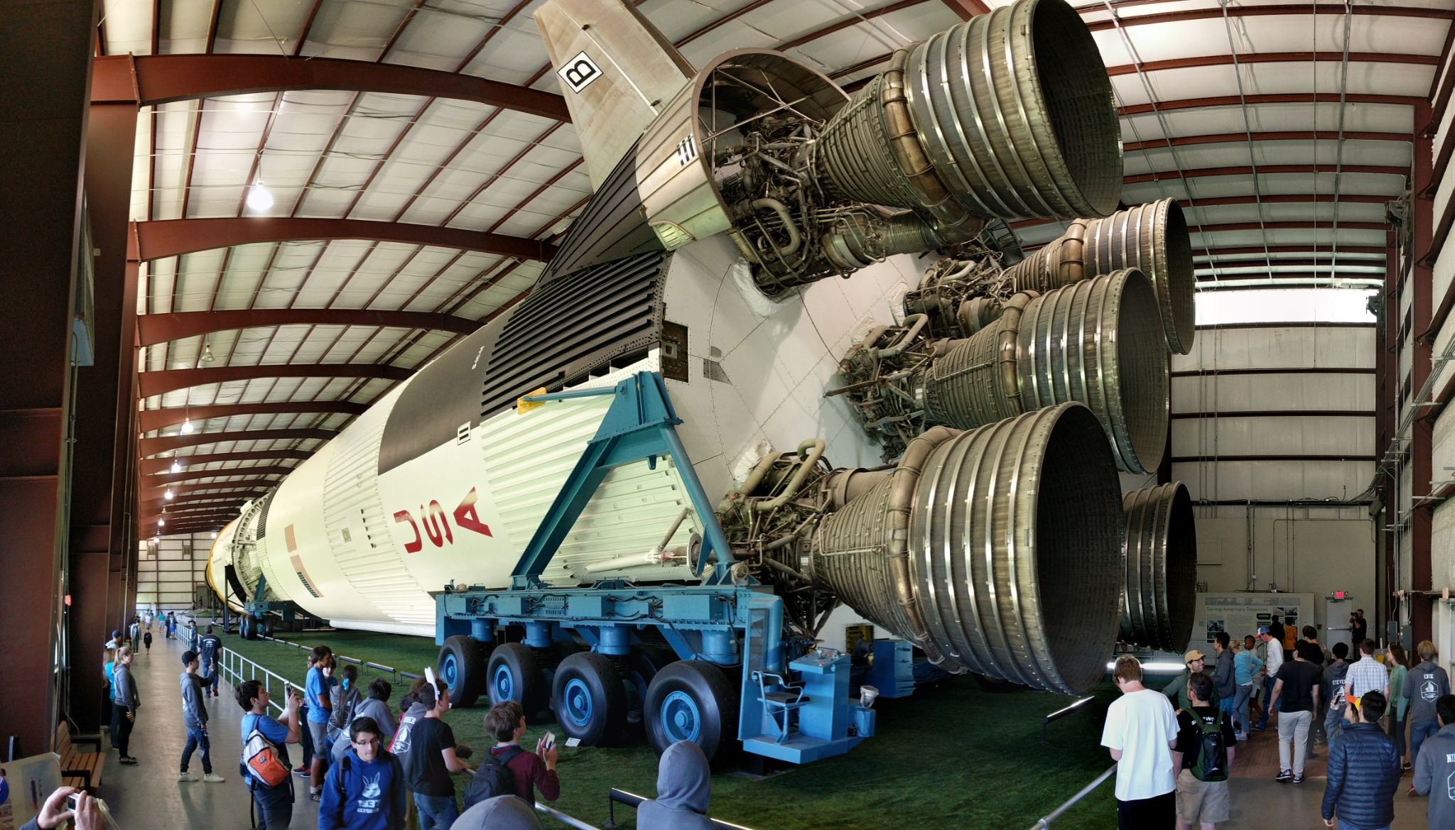 Saturn V rocket engines displayed inside Space Center Houston