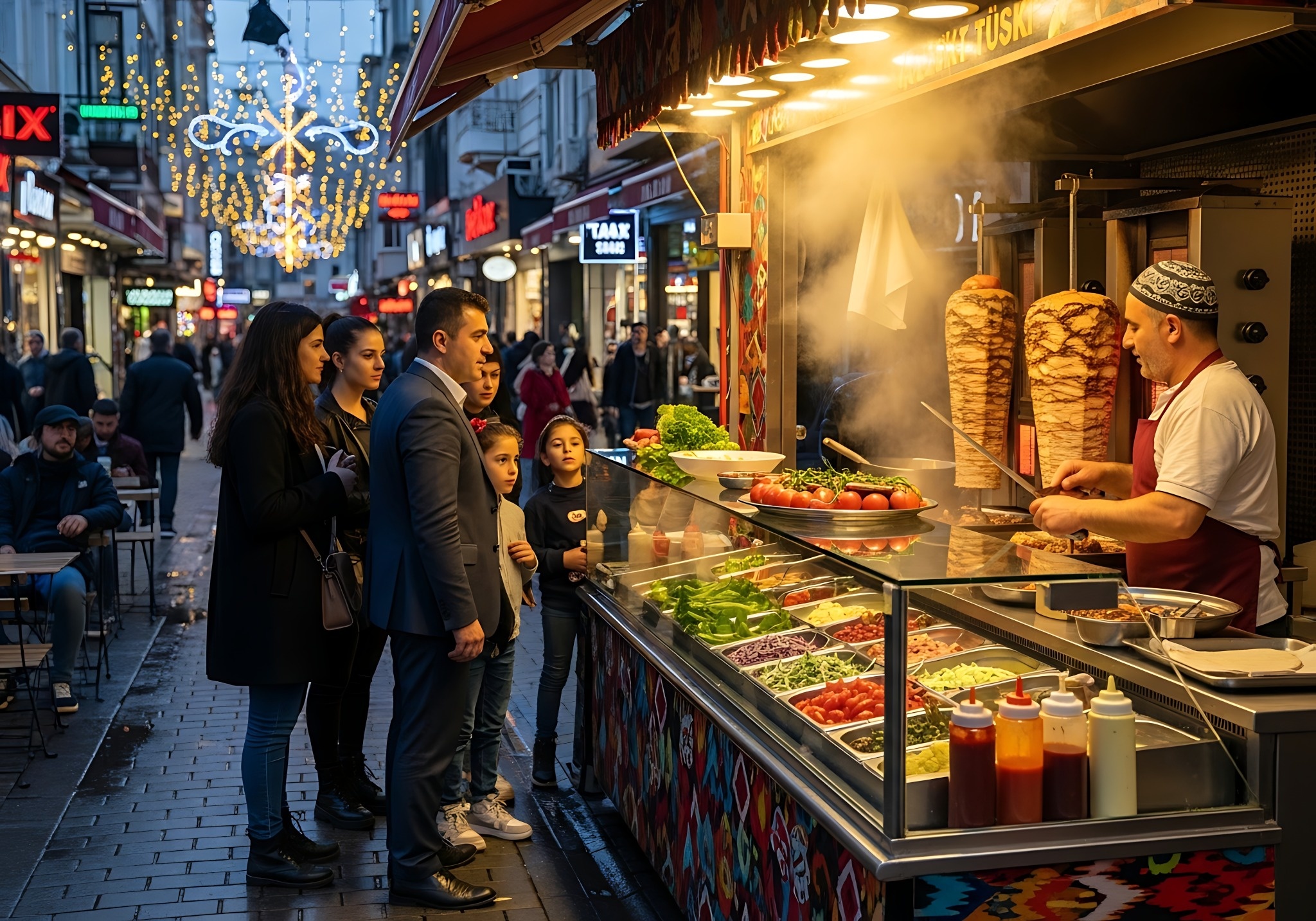 A family orders Turkish d?ner kebab from a busy street-food stand on a lively Istanbul shopping street. A lively Istanbul street scene showing a family at a Turkish döner kebab stand as a vendor prepares food beside rotating meat, fresh vegetables, sauces, shops, and decorative lights.