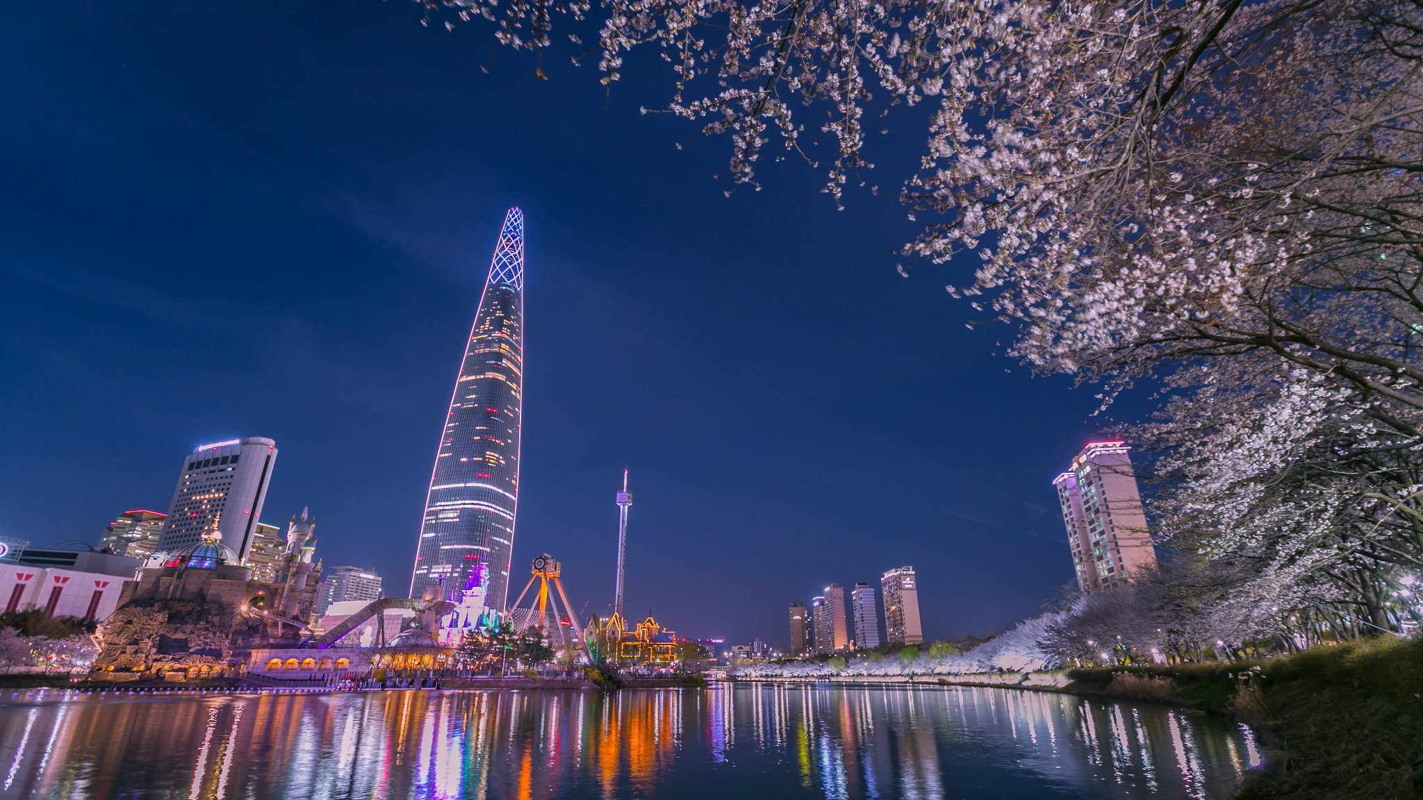 Lotte World Tower illuminated at night beside cherry blossoms and reflections on Seokchon Lake.