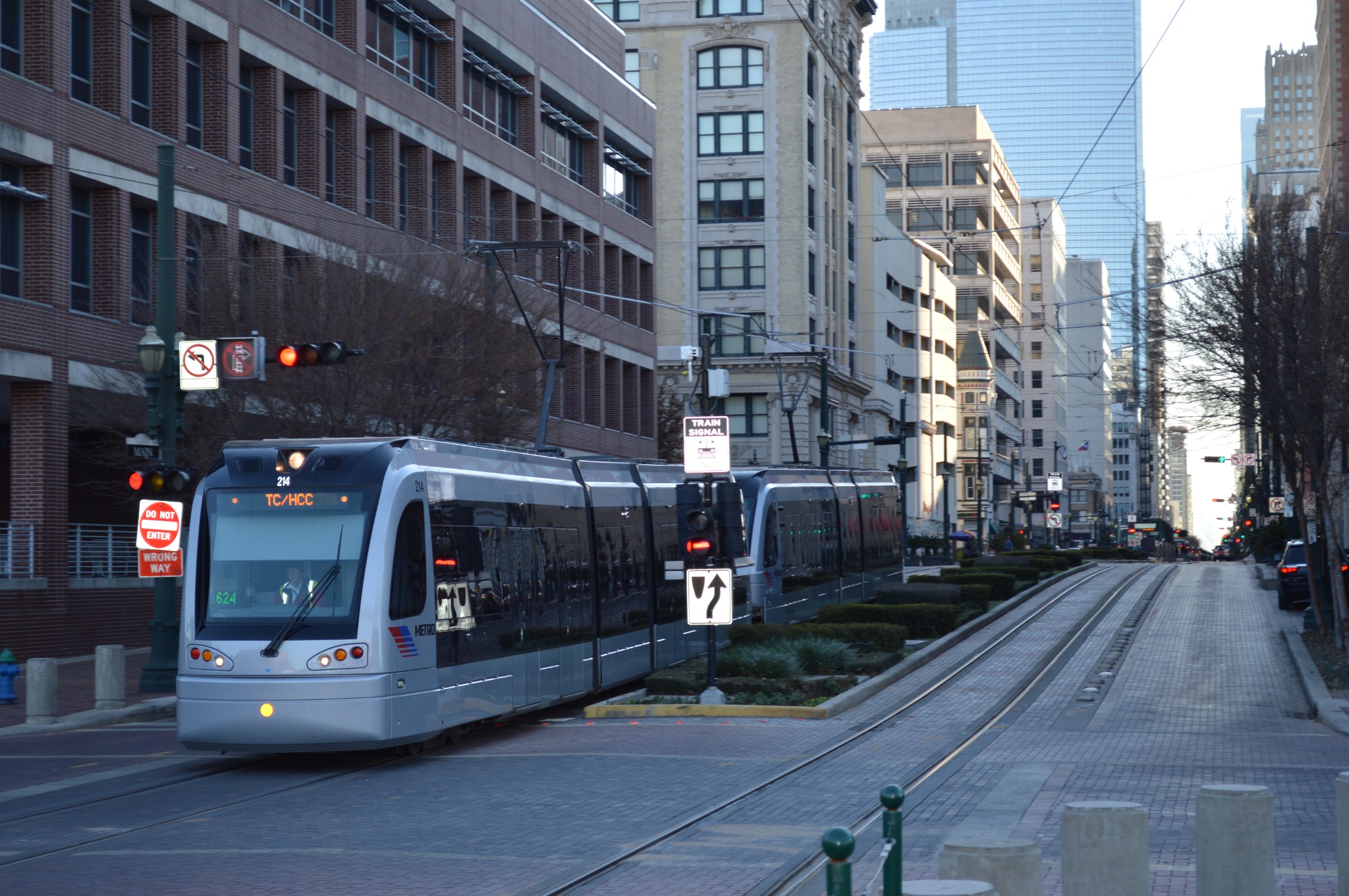 METRORail light rail train traveling along Main Street in Downtown Houston