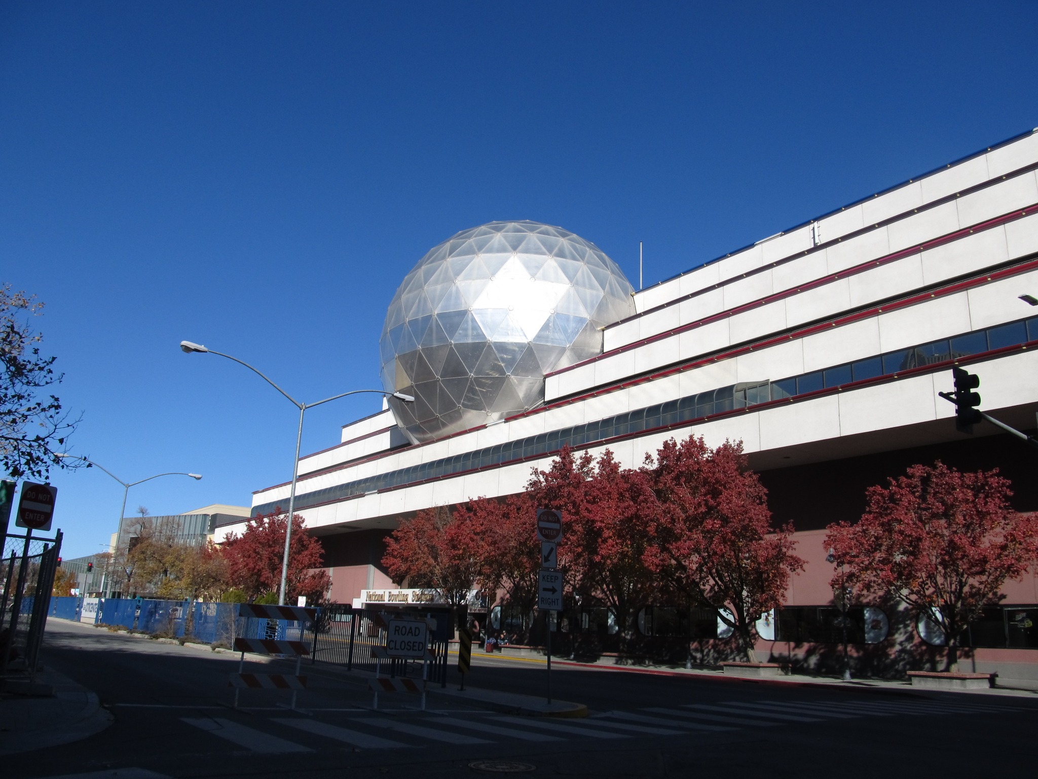National Bowling Stadium in downtown Reno with its large silver geodesic dome.
