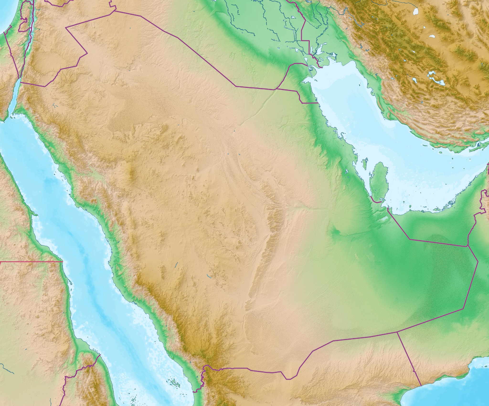 Alternative text: Topographic relief map of Saudi Arabia and surrounding Arabian Peninsula countries. Title: Topographic Relief Map of Saudi Arabia Caption: A physical relief map showing Saudi Arabia and the surrounding Arabian Peninsula. Description: Detailed topographic relief map of Saudi Arabia and neighboring parts of the Arabian Peninsula. Terrain, coastlines, bodies of water, and national borders are clearly displayed. Detailed topographic relief map of Saudi Arabia and neighboring parts of the Arabian Peninsula. Terrain, coastlines, bodies of water, and national borders are clearly displayed.