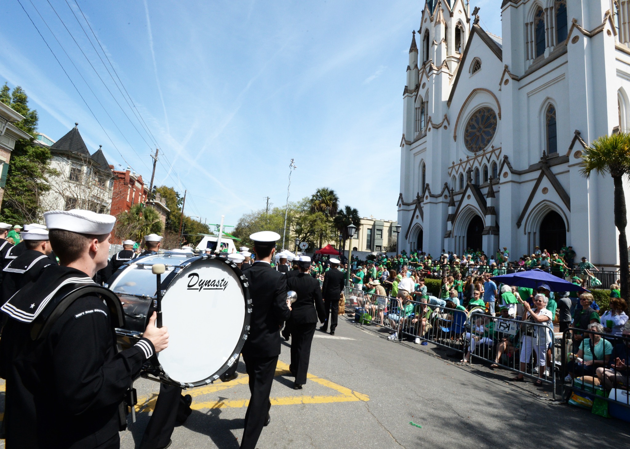 A military band marches past the Cathedral Basilica during Savannah's celebrated St. Patrick's Day Parade.