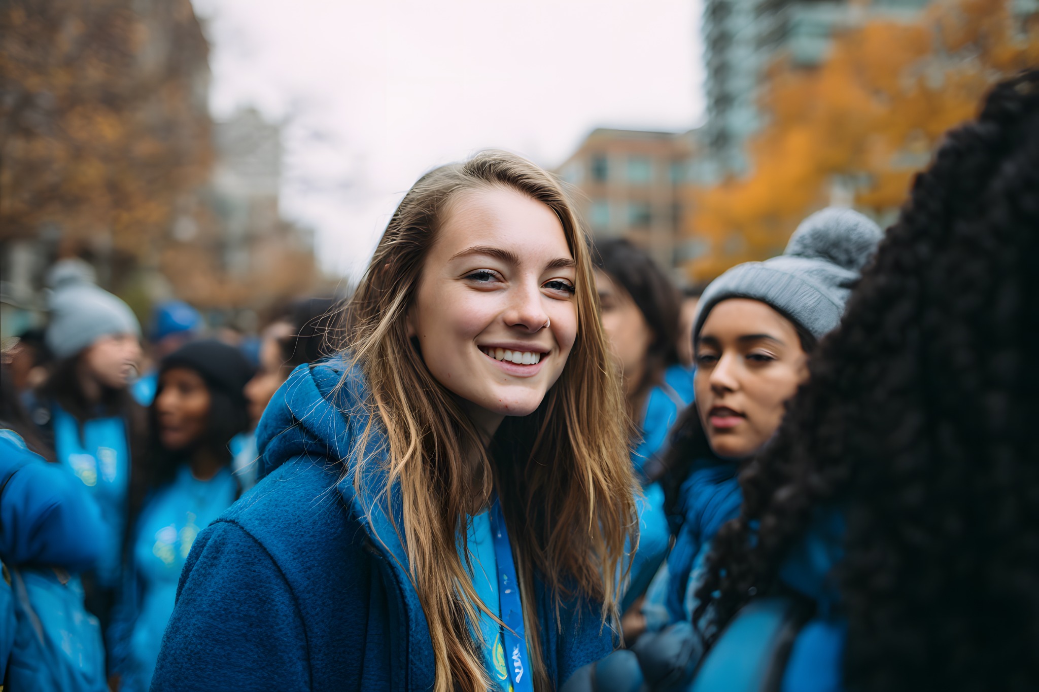 A cheerful young woman wearing a blue jacket stands among a diverse group of participants at an outdoor community awareness event in Seattle, Washington.