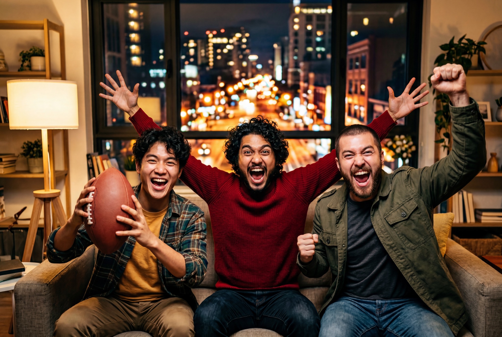 Three excited friends cheer from a living-room sofa during an American football watch party, with city lights visible through the windows behind them.