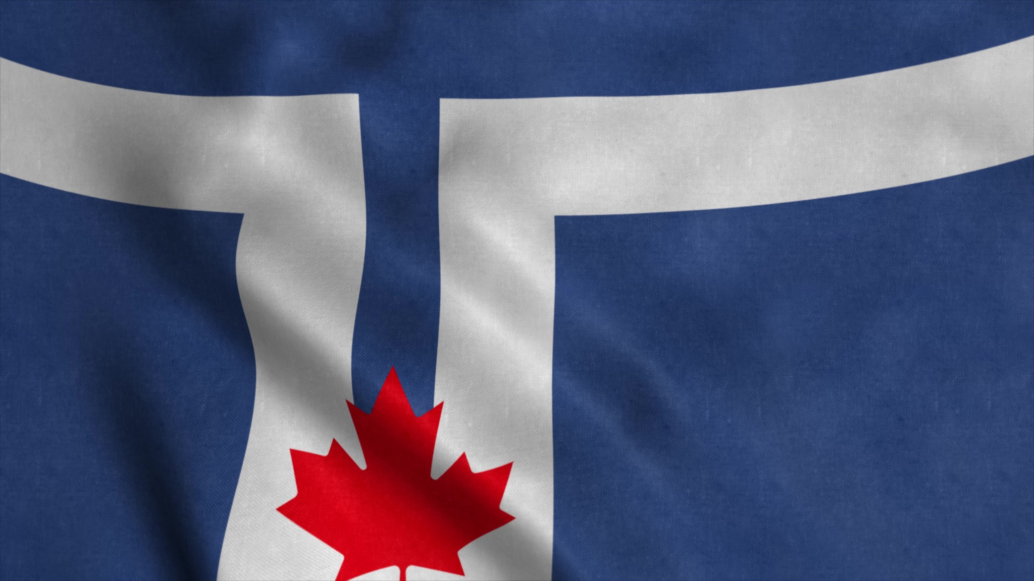 A close-up of the Toronto city flag, featuring blue and white shapes inspired by City Hall and a red Canadian maple leaf. The flag represents Toronto, Ontario, Canada.